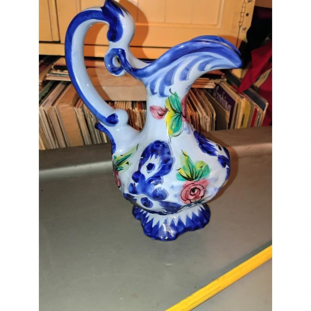 VTG Vestel Alcobaco Pottery Portugal  Water Pitcher, Blue With Flowers 8